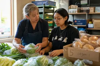 Volunteer and young adult quietly preparing food bags together in a sunlit community center kitchen, absorbed in their task, natural light creating a warm, authentic atmosphere.