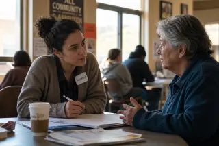 Young volunteer and older woman in a community center sharing a sincere conversation, illuminated by soft natural morning light.