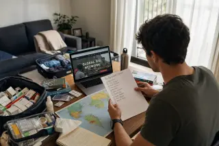Young adult checking a checklist at a table with travel gear and documents, natural light entering through curtains, creating a warm atmosphere of preparation.