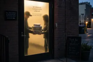 Discreet evening scene of two volunteers partially hidden by frosted glass as they quietly exchange care packages near a softly lit library entrance.