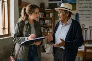 Young female volunteer listening attentively to an elderly man in a rural community center by a sunlit window, both engaged and absorbed in conversation.